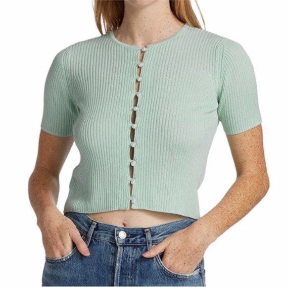 NEW Naadam Silk Cashmere Ribbed Short Sleeve Cardigan Pale Blue XS - Picture 3 of 14